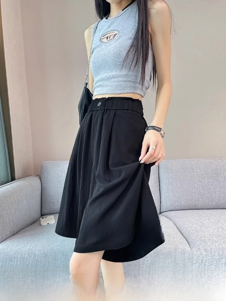 

High Waist Five Inch Ice Silk A-Line Shorts Women's Quick Dry Wide Leg Casual Pants Commute Style Pure Color Korean Version