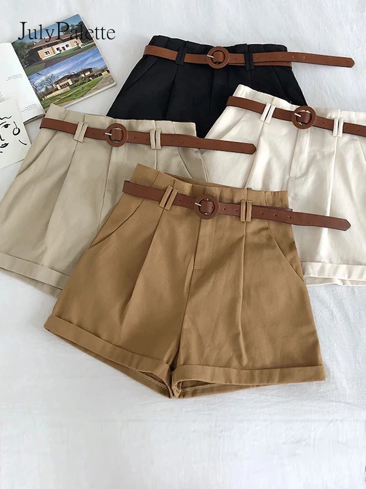 

JulyPalette Casual Shorts For Women's 2022 Summer High Waist Wide-leg Curl Shorts With belt Female Solid Shorts Bottom