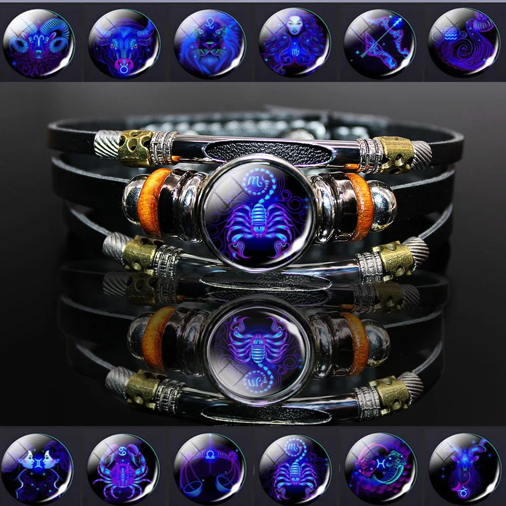 Anime Blue Time Charm Bracelet 12 Constellations Luminous Jewelry Leather Bracelet Men's and Women's Couple Bracelets for Women