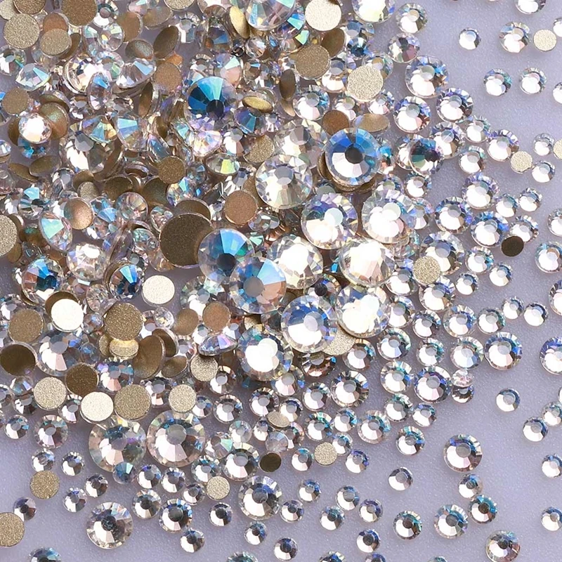 High Quality SS3-SS50 Blue Moonlight Glass Flatback Rhinestone Glitter Round Golden Bottom Glue On Stones for Nail Art Clothes