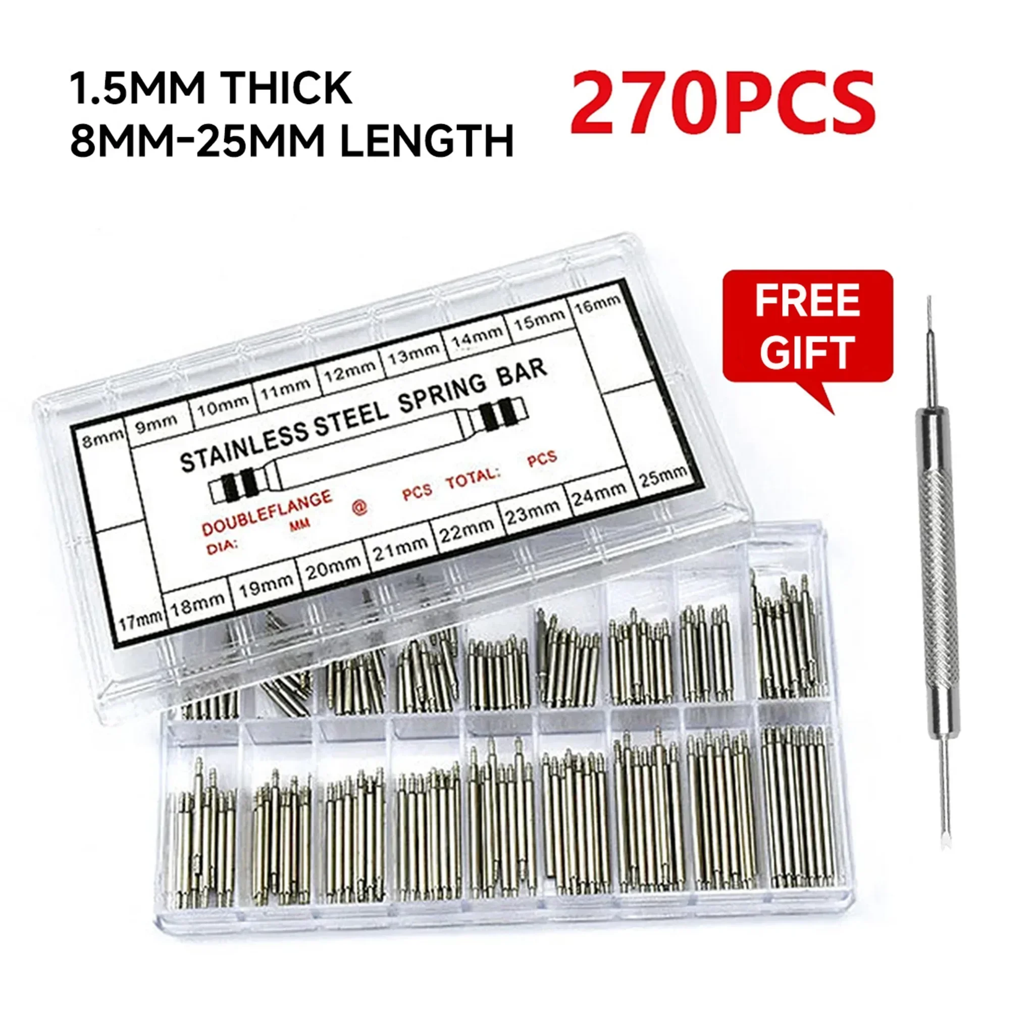 270pcs/set Strainless Steel Spring Bars Dia 1.5mm/1.8mm Length8mm - 25mm/6mm - 23mm Watchband Strap Belt Watch Repair Tools Pin