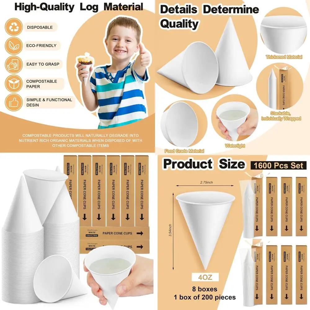 

1600 Pack 4oz Thickened Disposable Paper Cone Cups for Shaved Ice, Slushies, and Water Coolers, White
