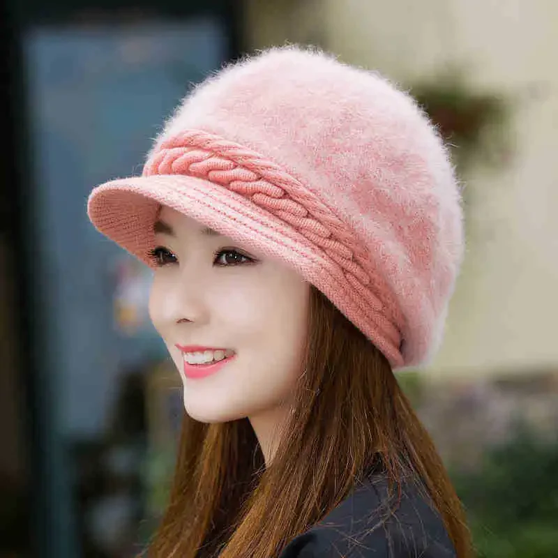 Women Winter Beret Hats Thick Knitted Rabbit Fur Caps Wool Knitted Female Berets Warm Cap Skullies Cabbie Beanies Hats