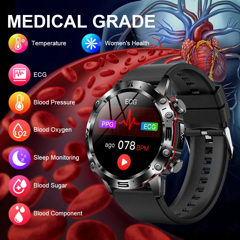Reloj inteligente LIGE ECG para hombre con pantalla AMOLED, llamadas Bluetooth, reloj deportivo para exteriores, monitorización de temperatura, reloj inteligente de salud para hombre