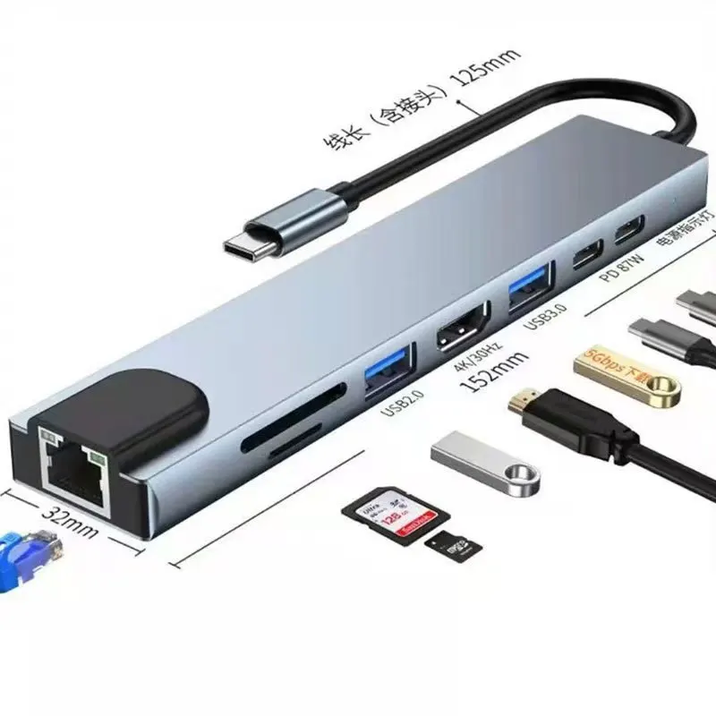 USB-C hub, type-C splitter, Thunderbolt 3 dockingstation, laptopadapter met RJ45 en HDMI voor Macbook Air M1 en iPad Pro