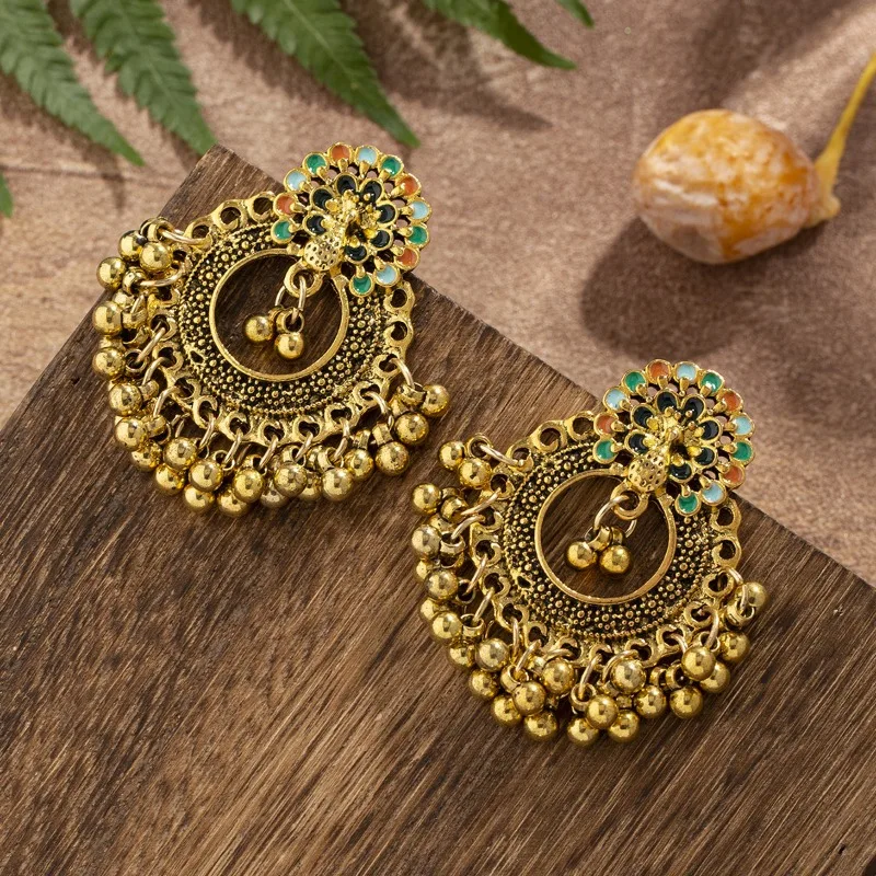 Ethnic Indian Earrings Vintage Bohemian Alloy Bells Tassel Earings Creative Peacock Jewelry for Women Pendientes