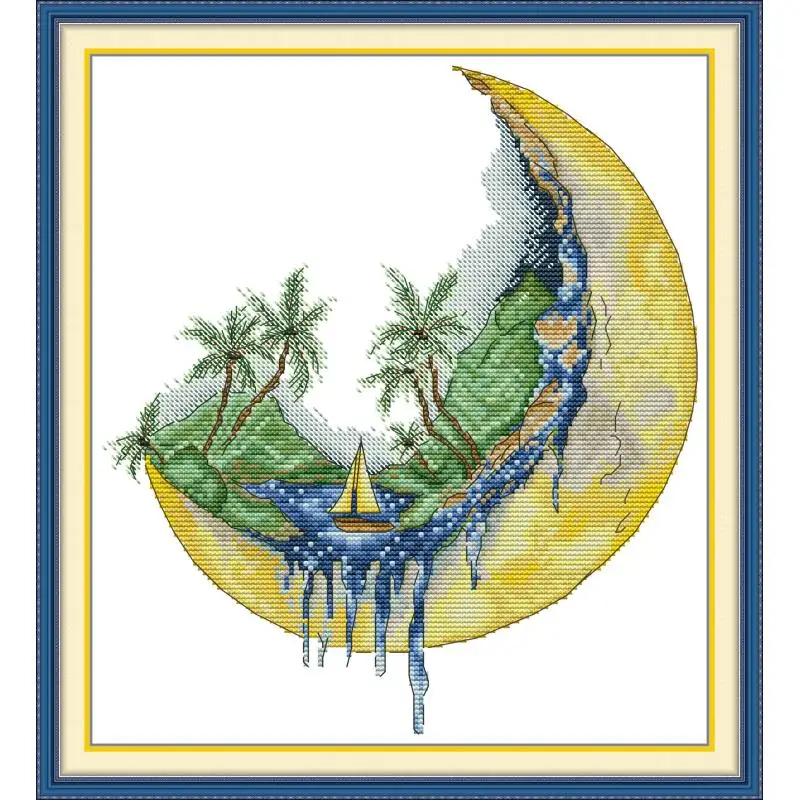 

Maydear Full Cross Stitch Kit, 11CT/14CT/16CT/9CT Aida Fabric,DMC Threads Sewing Pattern Embroidery Set-Sailing on the Moon