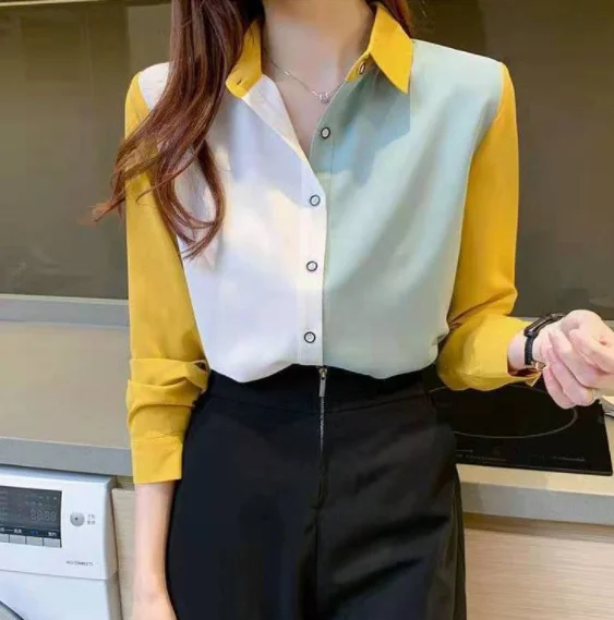 Kantoor Dame Effen Kleur Blouses Knoop Turn-Down Kraag Eenvoudige Losse Shirts Tops Vrouwen Lente Herfst Nieuwe Gratie Trendkleding