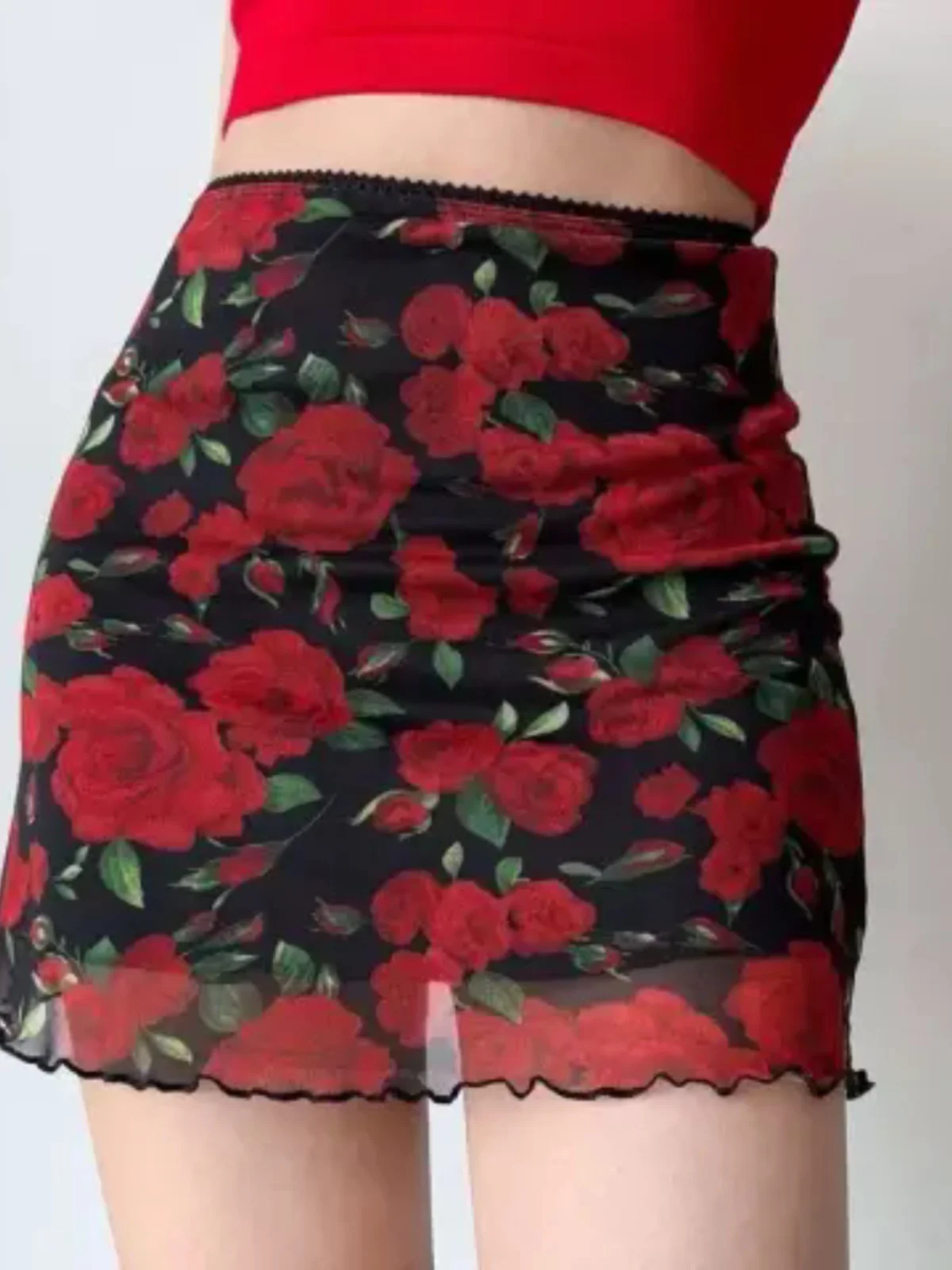 

Sexy Elastic High Waist Mesh Half Skirt Women's Summer New Design Rose Flower Slimming Versatile Bodycon Short Skirt