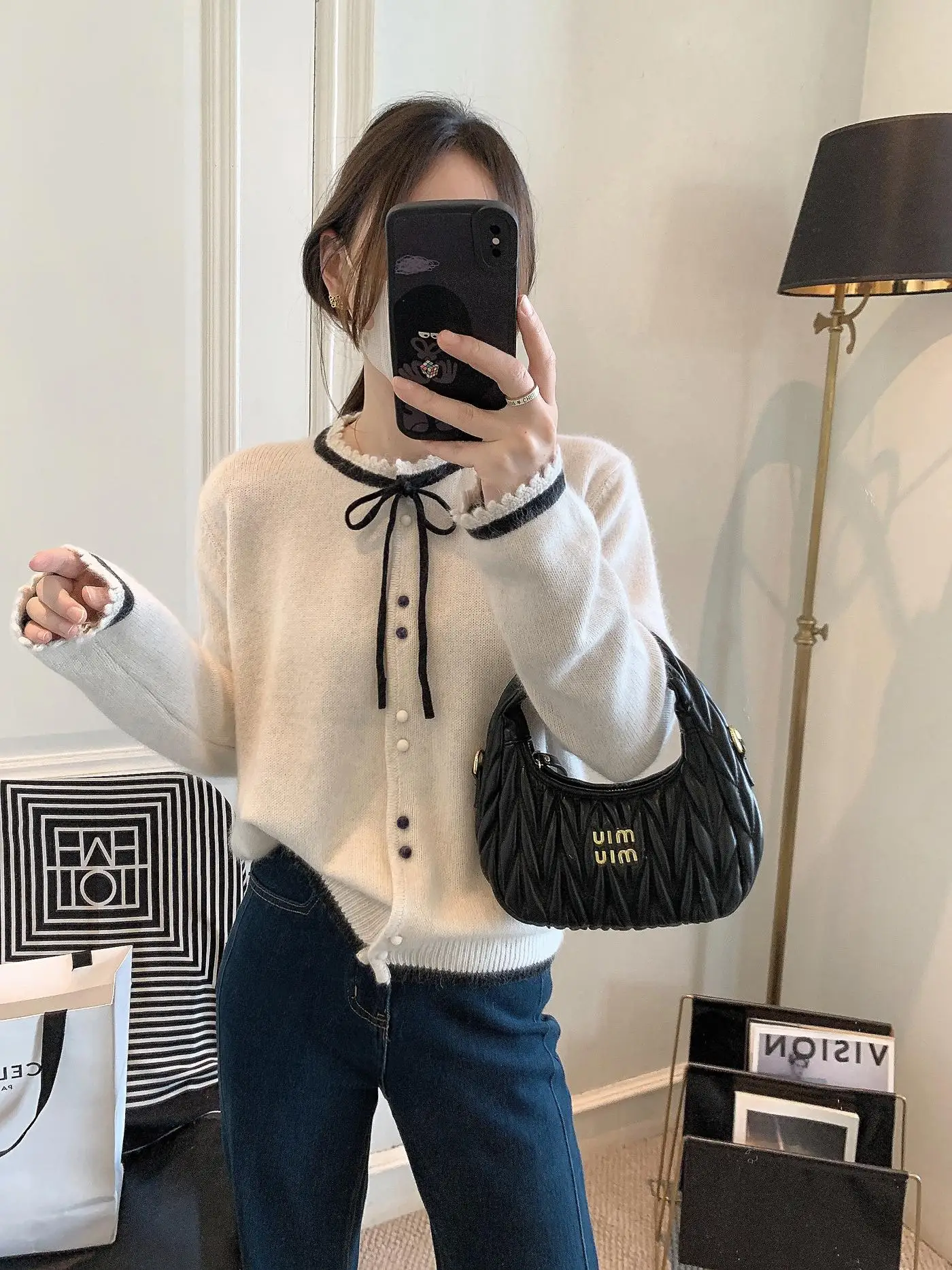 

Faionable Bear Fur Knitted Sweater Women's Boting Knot Open Cardigan Top Trendy Commute Sle Long Sve