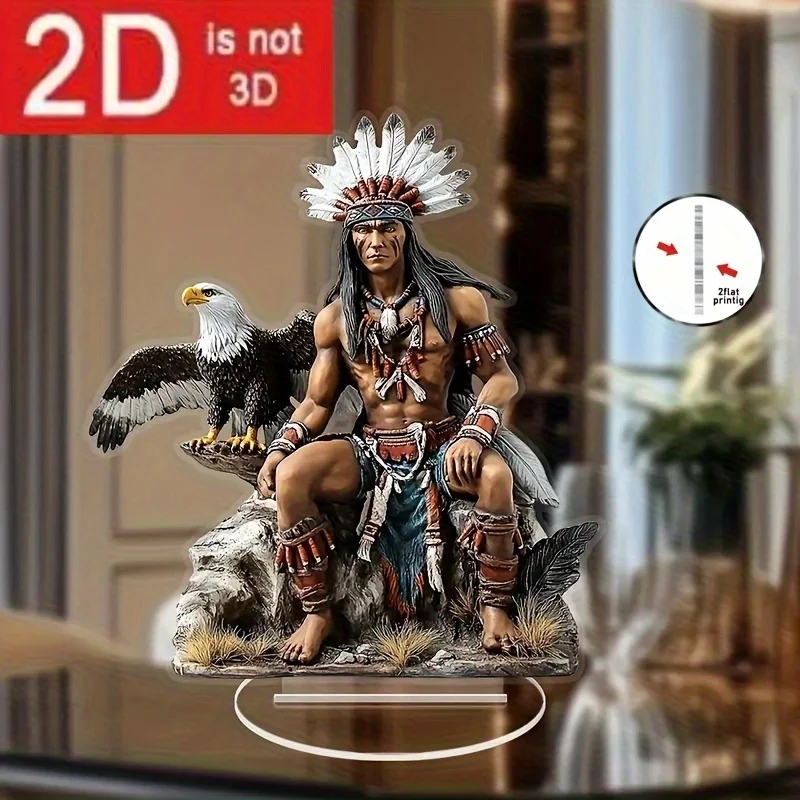 2D Flat, 1pc 2D Acrylic Local American Chief And Eagle Statue, Multi-Purpose Indoor/Outdoor Decor, No Electricity Needed, Perfec