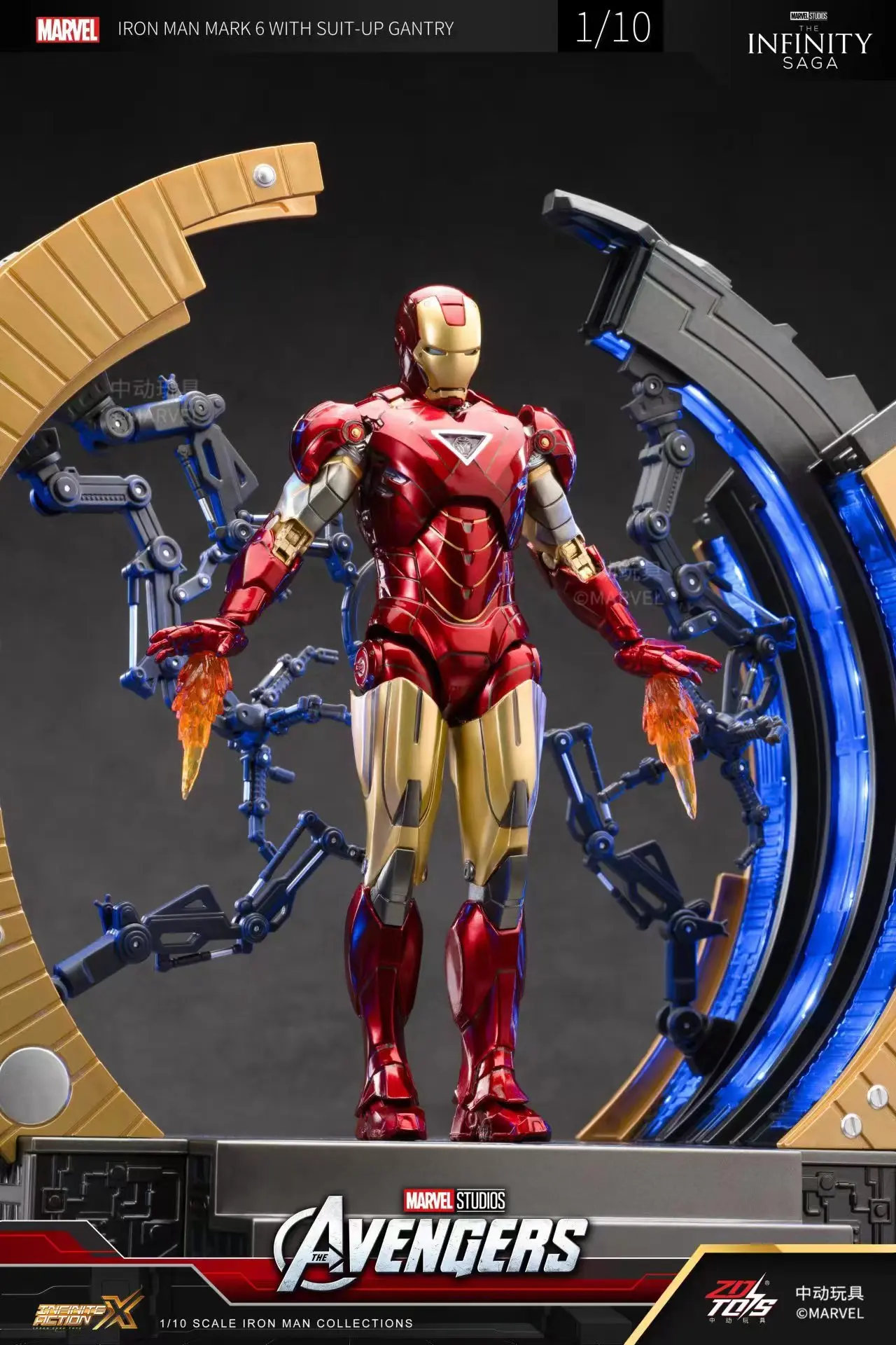 Original ZD Toys Iron Man WITH SUIT-UP GANTRY LED Circular armor dismantling platform MK6 Anime Tony Stark Model Action Figure