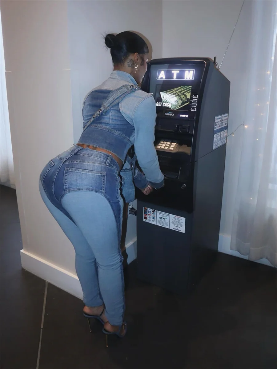 Cutenew Damen Denim Zip 2-teiliges Set Trainingsanzug Knopf Patchwork Vollarm Crop Coat + Skinny Stifte Casuals Trend Streetwear