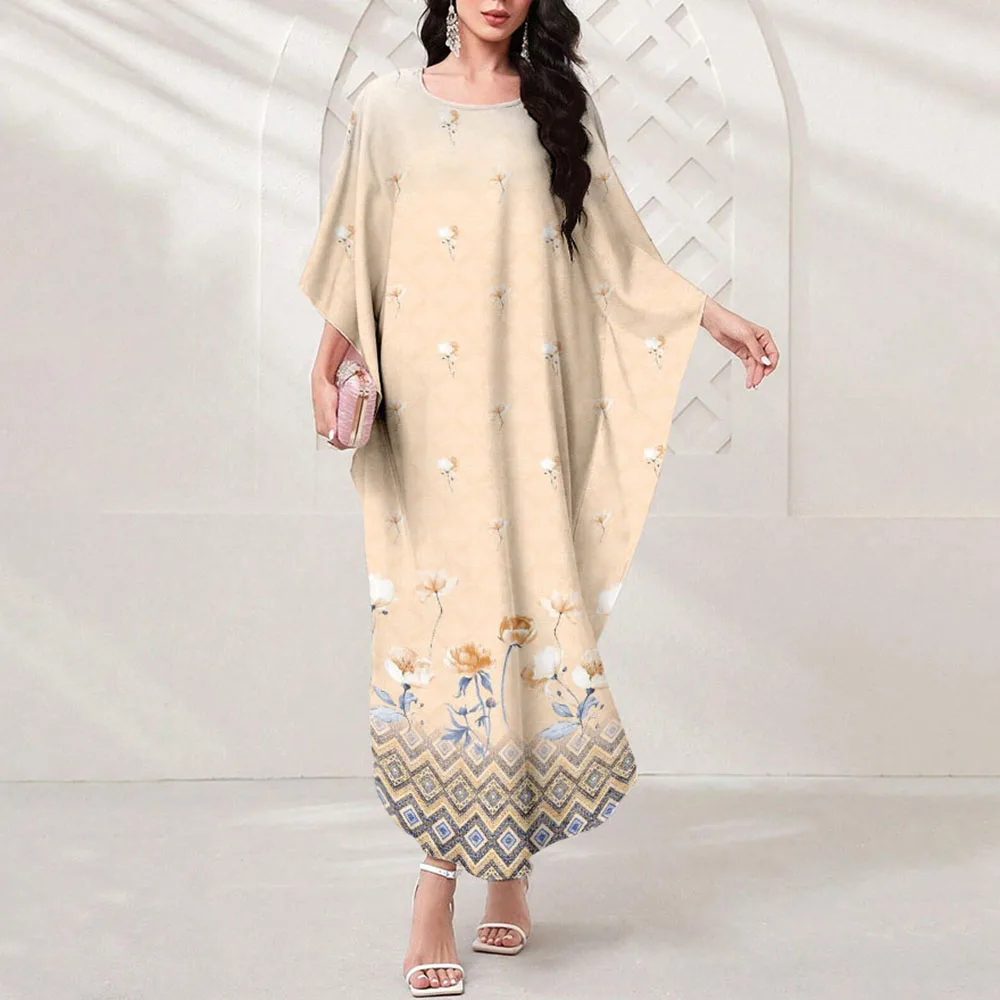 Elegant And Beautiful Moslem Women's Dresses Printing Batwing Sleeve Robe Long Dresses Reach The Ground Islamic Robe Dresses