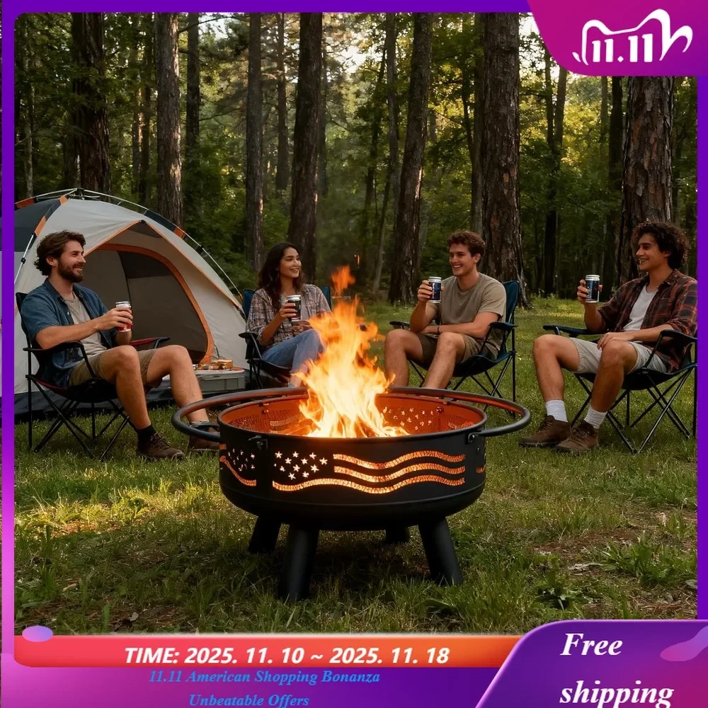 

American Flag Fire Pit with Mesh Cover & Poker, Round Metal Wood Burning Outdoor Firepit for Patio, Garden, Backy