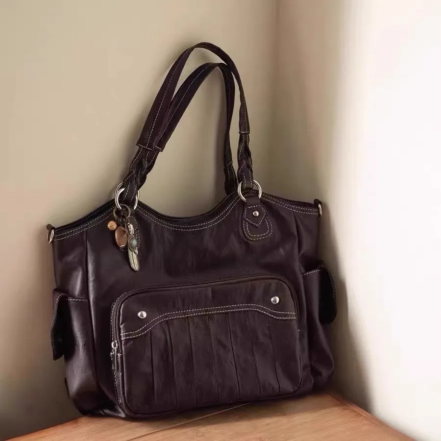 Fashion PU Leather Shoulder Bag for Women Vintage Multi-Pocket Crossbody Purse Large Capacity Handbag for Work Travel Shopping