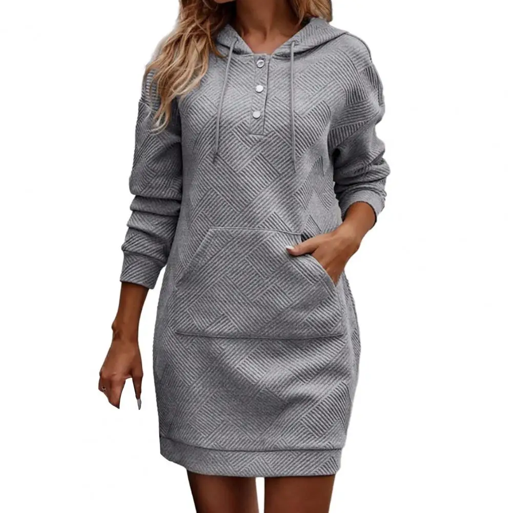 

Women Solid Color Hoodie Dress Women's Fashion Hoodie Dress with Drawstring Front Pocket Solid Color Long Sleeve Dress for Women