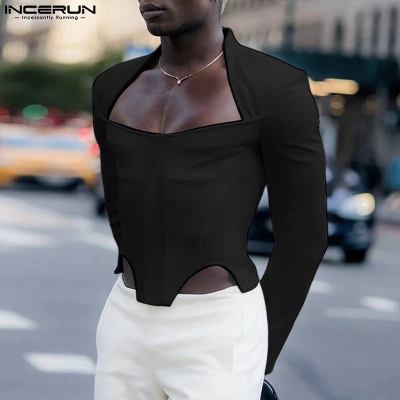 Deconstruction Gird The Waist Handsome Camiseta INCERUN American Fashion Long Sleeve Tops Men Well Fitting Solid Color T-shirts