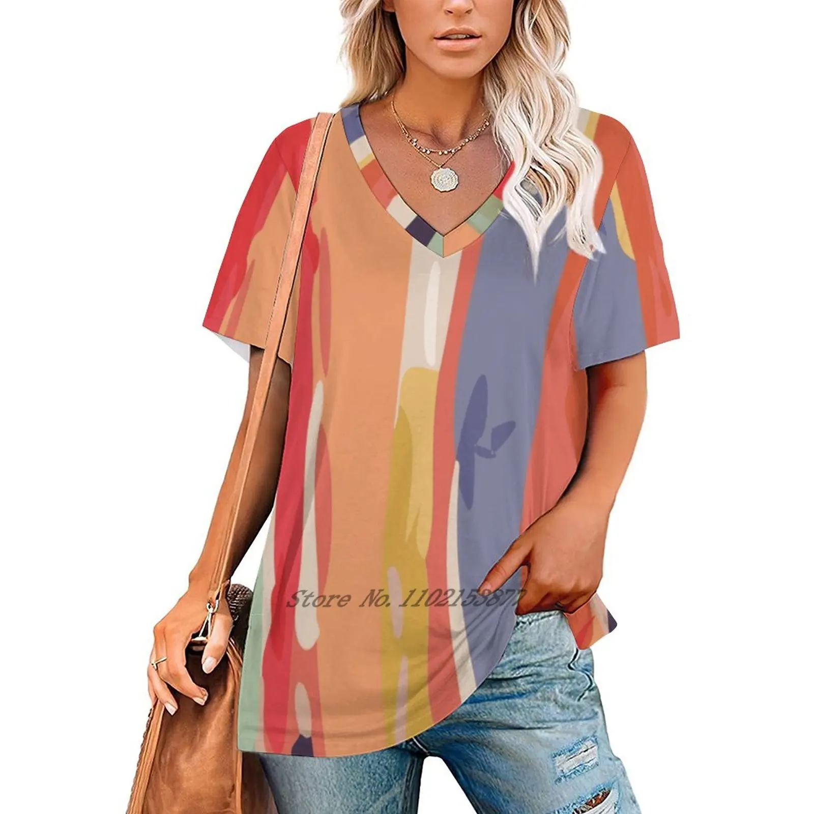 Abstract Vertical Brush In Multicolor Women Print T-Shirt Summer Casual Tops Streetwear T Shirt Boho Ladies Top Texture Stripe