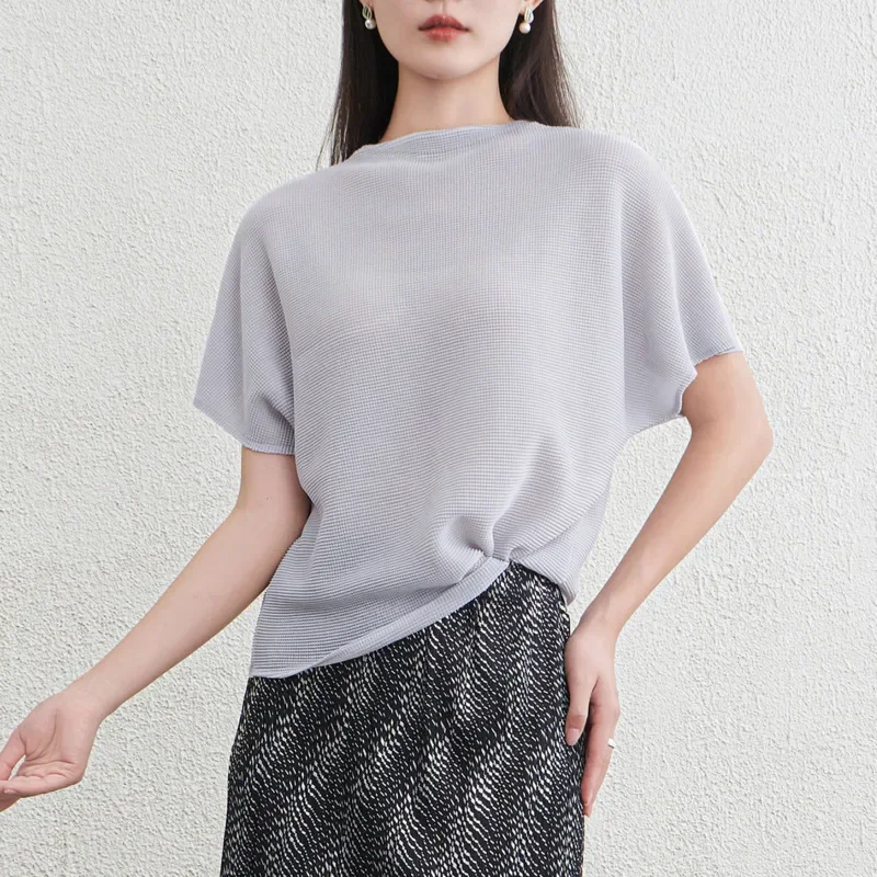 

ALSEY Miyake Solid Color Folding T-Shirt Women's Crew Neck Bat Winged Sleeve Loose Top 2025 Summer New Fashion Casual Clothes