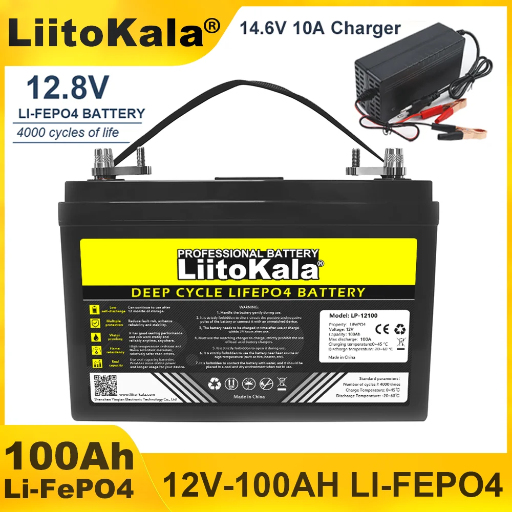 LiitoKala 12v/12.8V 100AH LiFePO4 Battery 14.6v Lithium Iron Phosphate Batteries for Off-Road Solar Wind Car lighter Golf cart