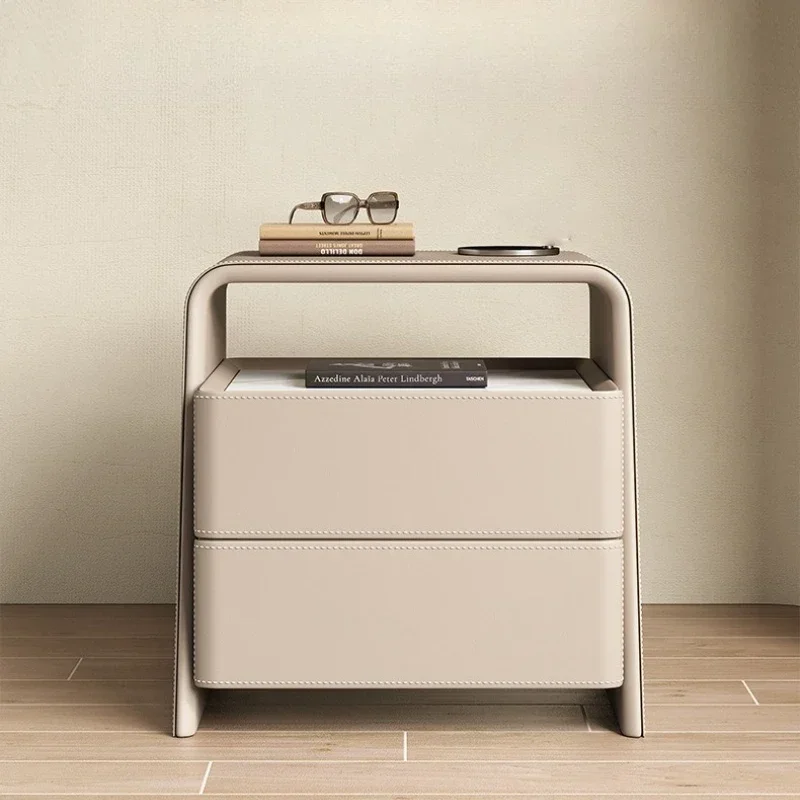 Multi-functional Cream wind rock slab saddle leather solid wood bedside table bedroom storage cabinet sturdy and durable