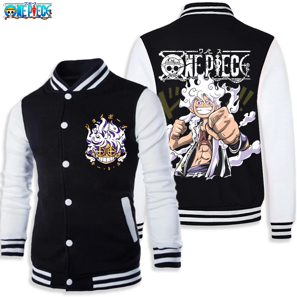 One Piece Luffy Gear 5 Herren College-Jacke Anime Doppelseitig Bedruckte Baseball-Uniform Streetwear Unisex Freizeitjacke