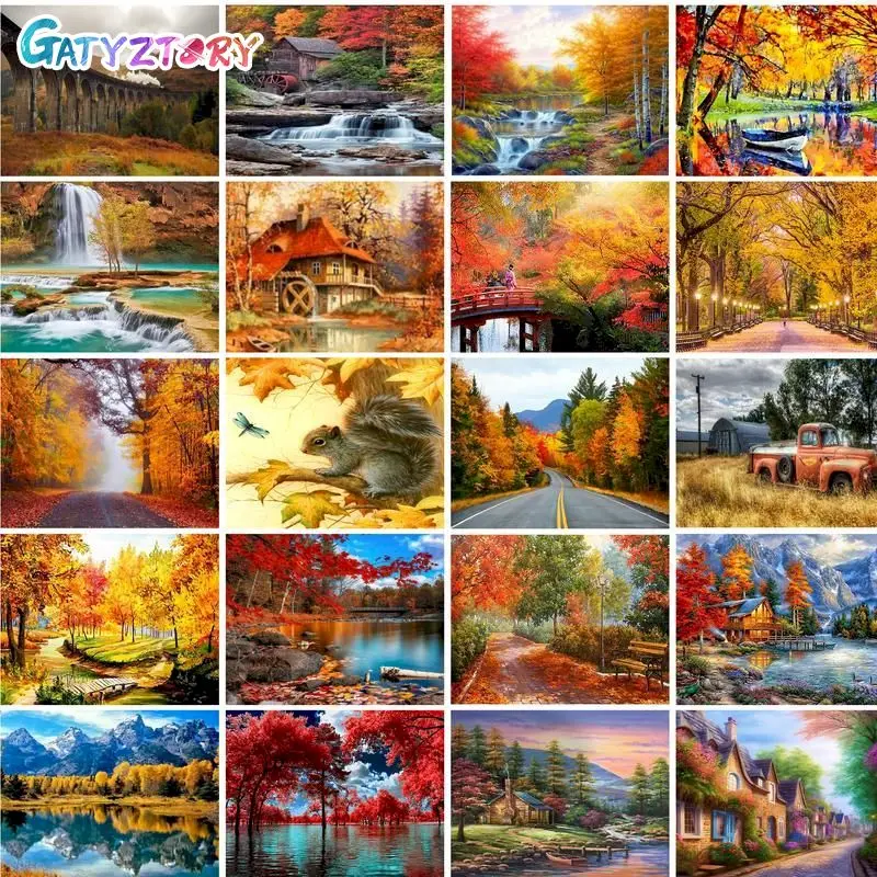 

GATYZTORY 5D Square Round Diamond Painting Frame DIY Cross Stitch Crafts Autum Landscape Mosaic Diamond Embroidery Wall Art