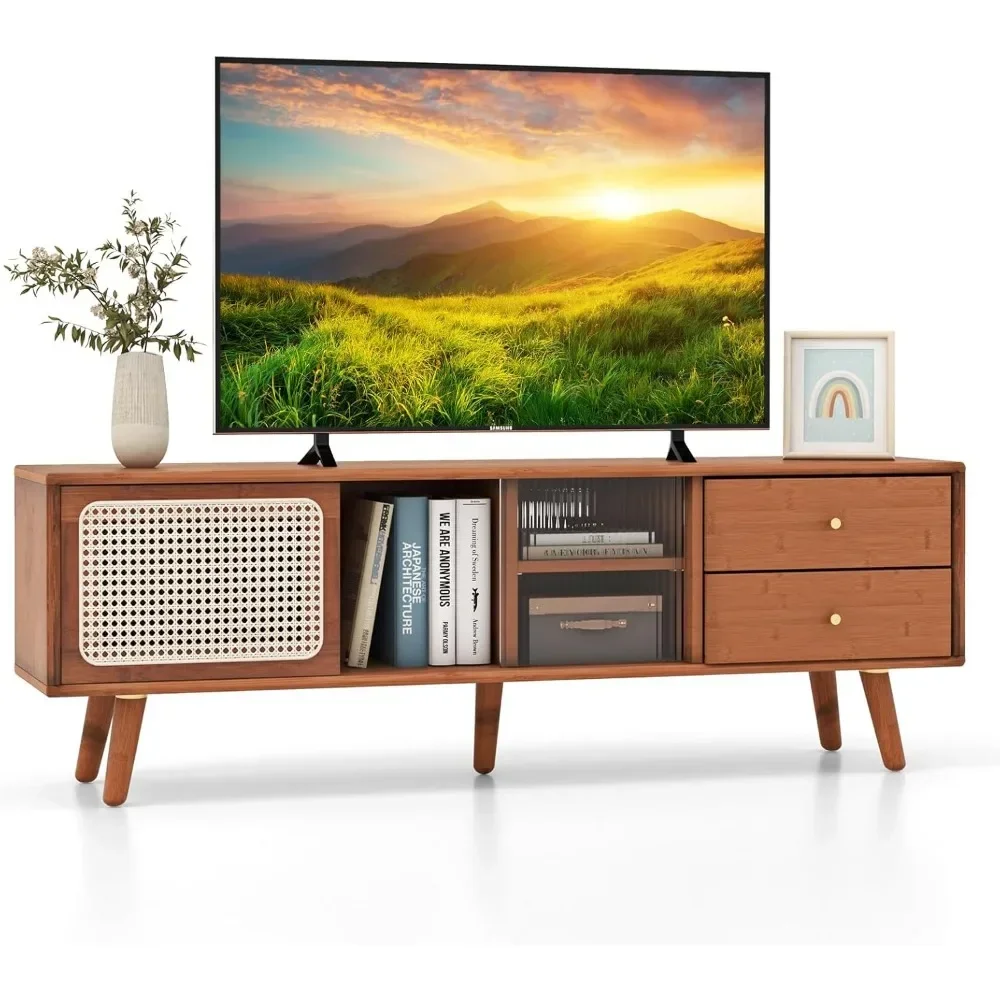 

Mid Century Modern TV Stand for TVs up to 65", Bamboo Entertainment Center w/Glass & PE Rattan Sliding Doors, 2 Drawers