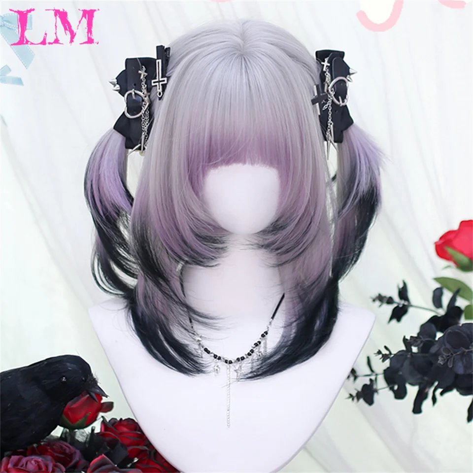 LM Synthetic Ombre Pink Women Synthetic Short Straight Wig Anime Game Cosplay Fluffy Heat Resistant Wig for Daily Party