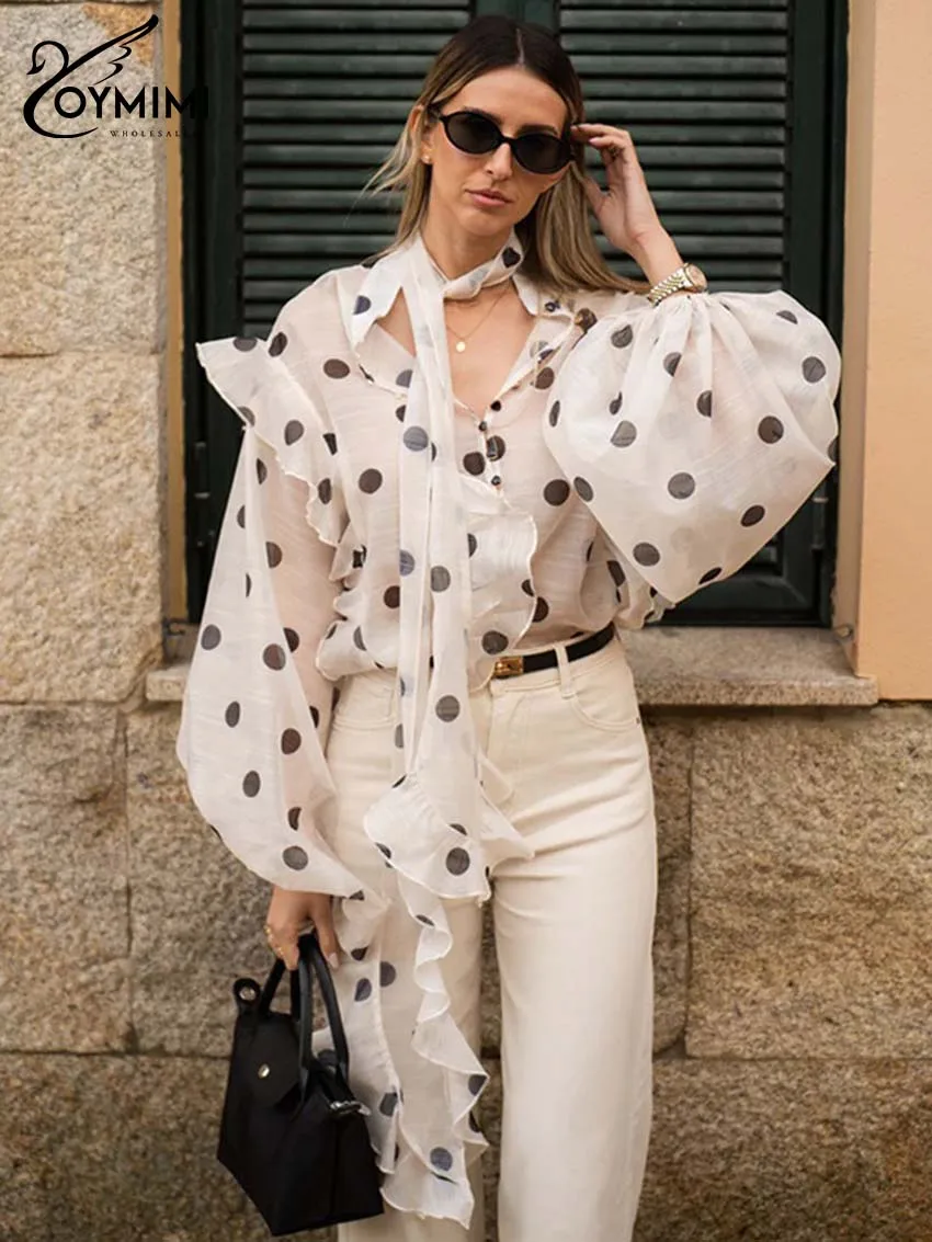Oymimi بلوزات نسائية بيضاء مطبوعة أنيقة برباط وأكمام منتفخة بلوزات مكشكشة للخريف بلوزة فضفاضة غير رسمية واحدة الصدر #1