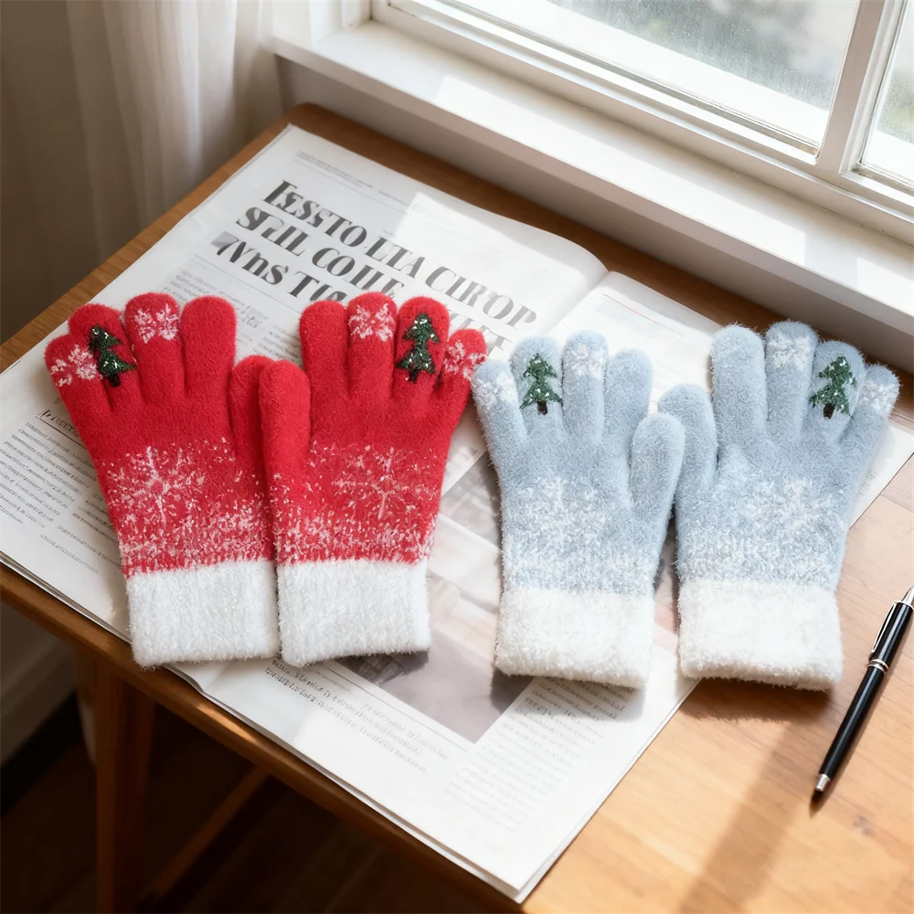 イミテーションミンクスノーフレーククリスマスグローブ冬厚く暖かいホリデーギフトニットグローブタッチスクリーン男性と女性用