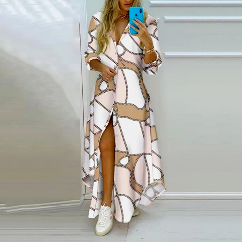 Vestido camisero elegante y Sexy con cuello tipo Polo para mujer, vestido camisero informal de manga larga de estilo Retro con estampado personalizado para primavera y otoño