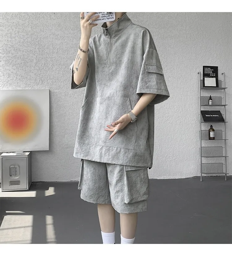 2026 Sommer Hong Kong Style Halb-Reißverschluss-Färbe-Set aus Eisseide mit Kühlfunktion, zweiteiliges Sportswear-Outfit im Hanfu-Stil mit kurzen Ärmeln – Detail 25