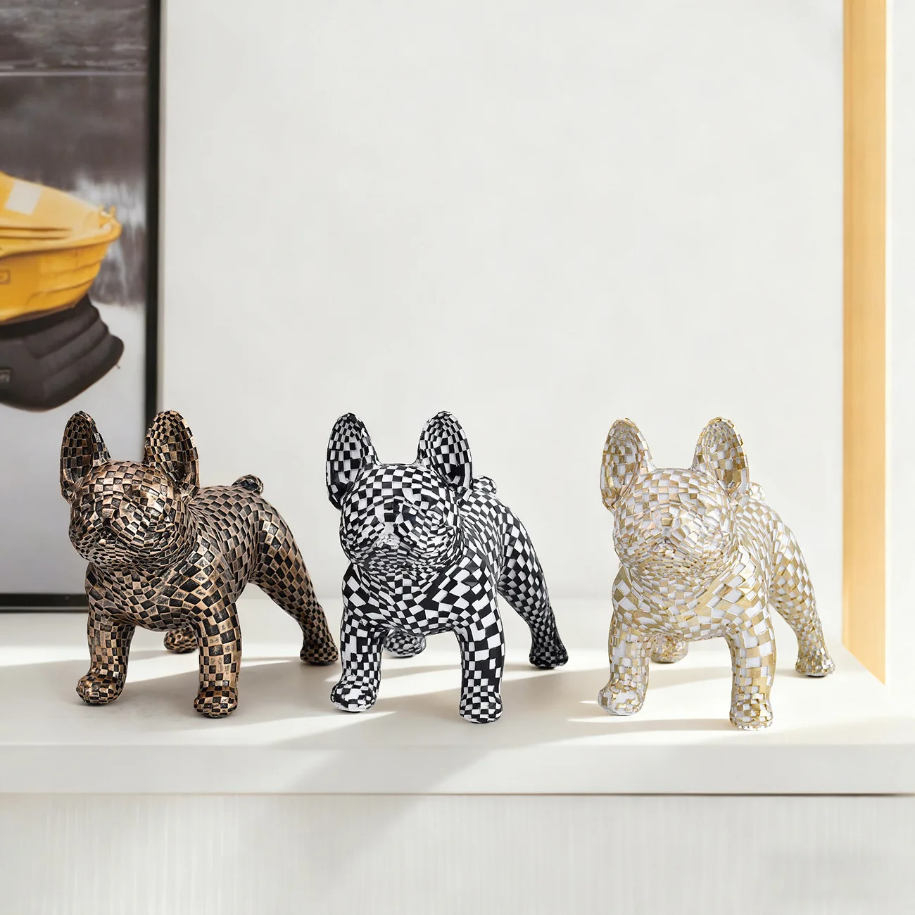Black White Checkered Art Sculpture Mosaic Bulldog Statue French Bulldog Figurine Modern Home Decoration Animal Models Ornament
