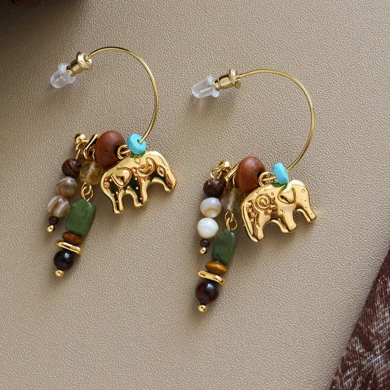 

Natural stone elephant dangle hoop earrings for women cute animal earrings bohemia ethnic jewelry