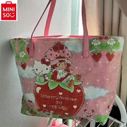 MINISO 2024 New High Quality Diamond studded Hello Kitty Double sided Pattern Large Capacity Versatile Women's Handheld Tote Bag