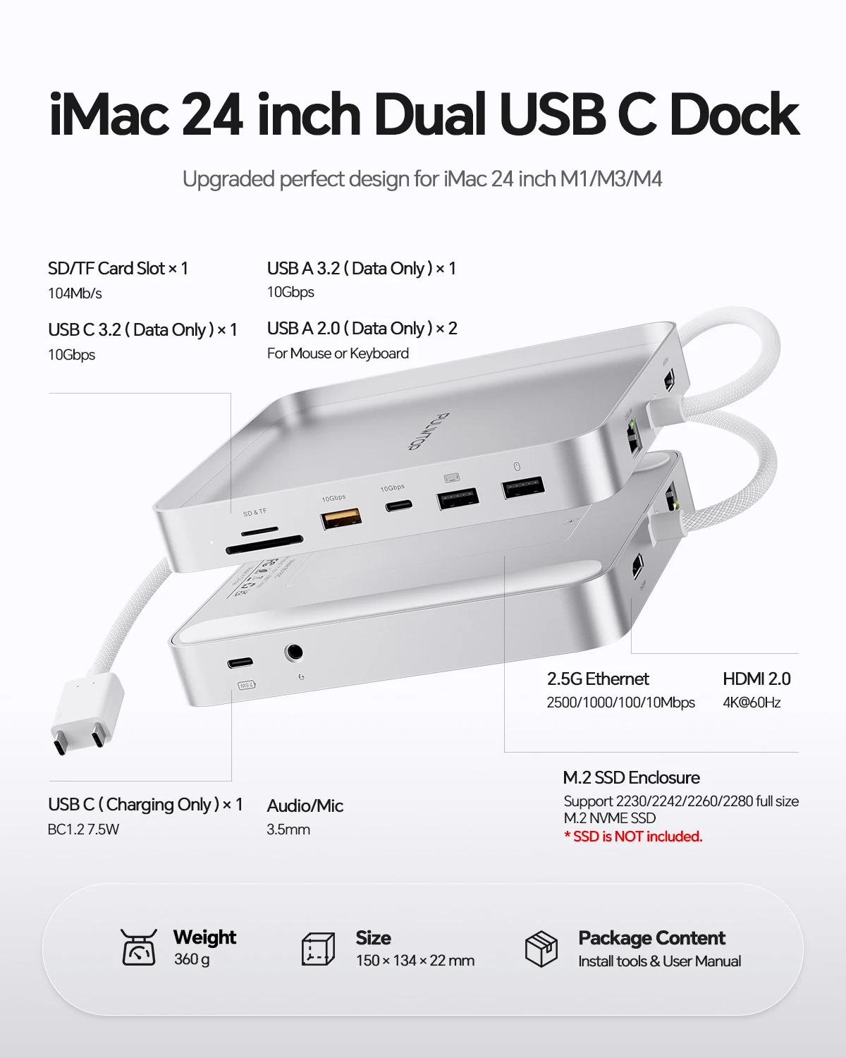 PULWTOP Upgraded 11 in 1 USB C Hub for iMac 24 inch , Support M.2 SSD(NOT Included), 4K HDMI, Ethernet, USB A/C 10Gbps, SD/TF