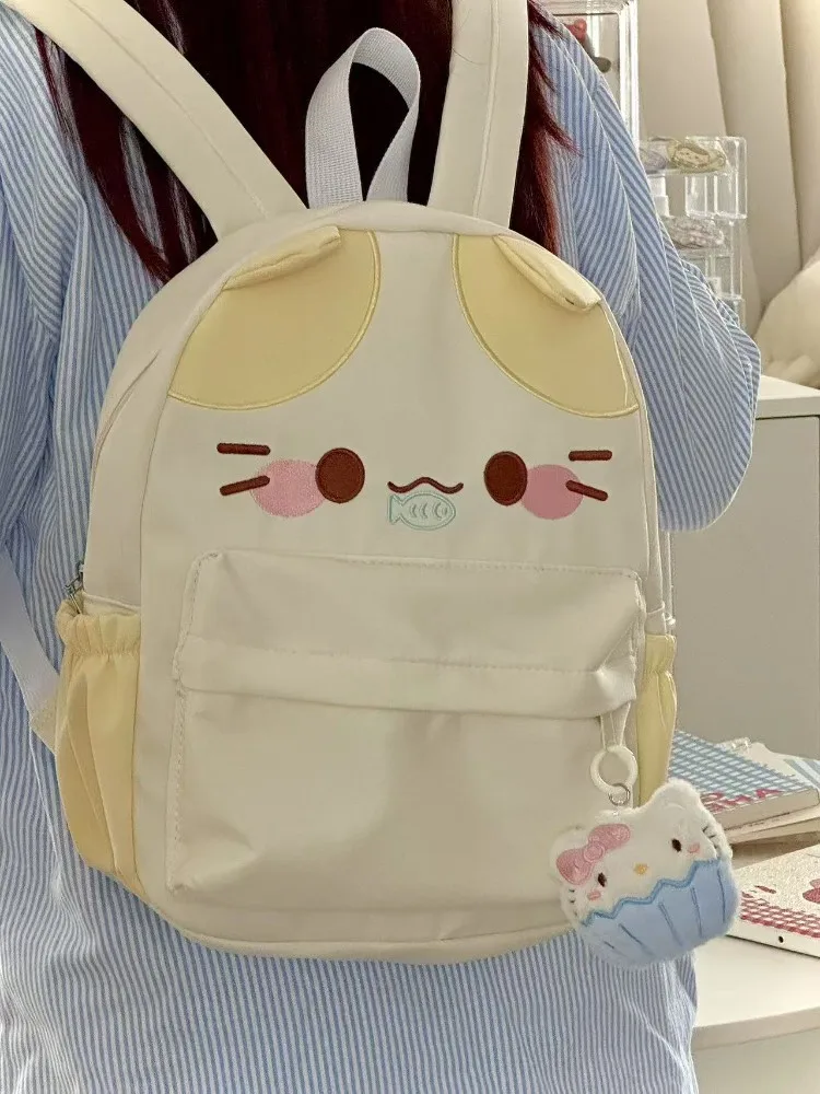 Women's Lovely Waterproof Nylon Backpack with Cartoon Cat Eat Fish Design Schoolbag for Girls with Stitch Detail Book Bag