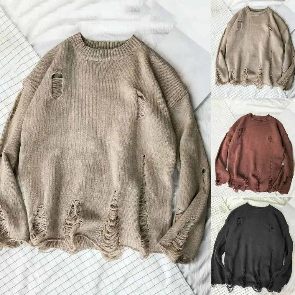 Men Sweater Solid Color Ripped O Neck Oversized Couple Sweater for Daily Wear