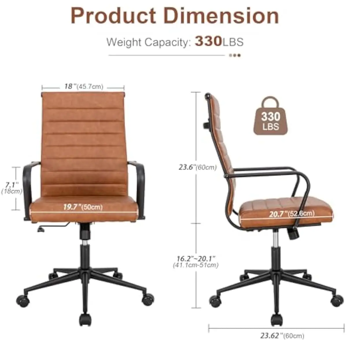 Ergonomic swivel office chair with adjustable height thick cushioned seat curved backrest faux leather upholstery 360° rotation