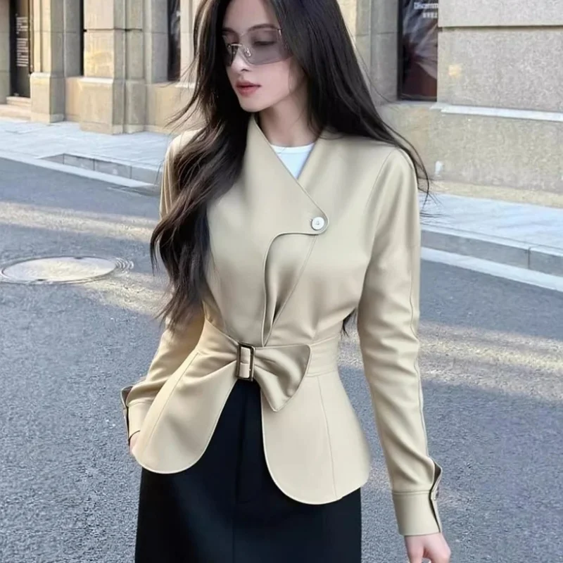New Autumn Winter Bowknot Belt Suit Coat Elegant Slim One Button Long Sleeve Fashion Irregular Jacket  Solid Color Outwear