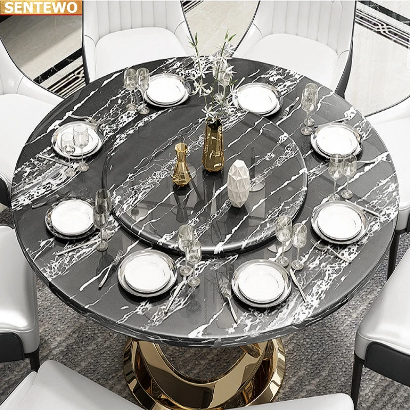 Designer Luxury round dinning Marble Rock Slab dining table set 6 chairs mesa de jantar comedor tavoli Stainless steel gold base