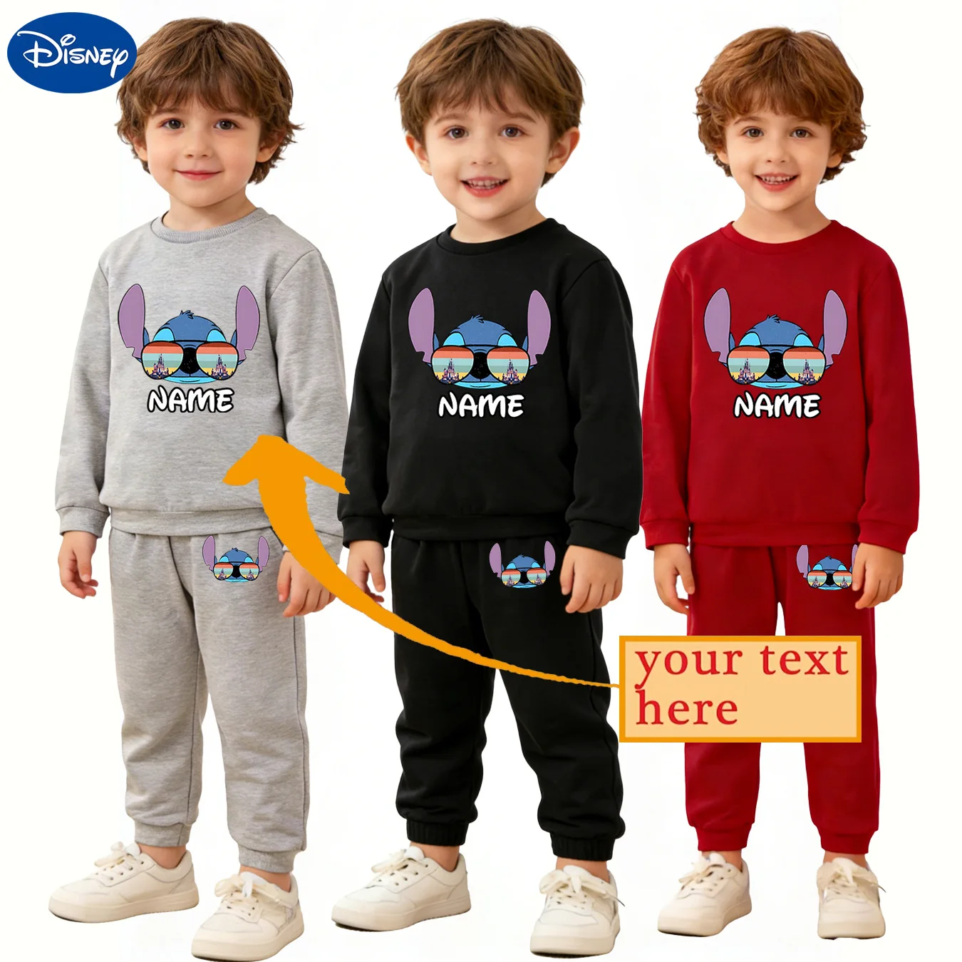Customizable Name Disney Stitch Rainbow Sunglasses Girls Sweatshirt Set, Kids Cool Casual Long Sleeve Pants 2Pcs