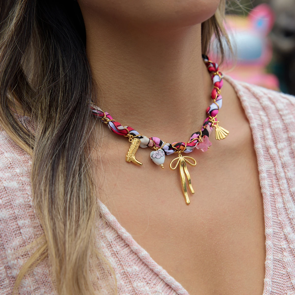 Zora Boots Bowknot Butterfly Dress Pendant Pink Printed Cotton Headscarf Necklace 18K Gold Color Plated Stainless Steel Jewelry