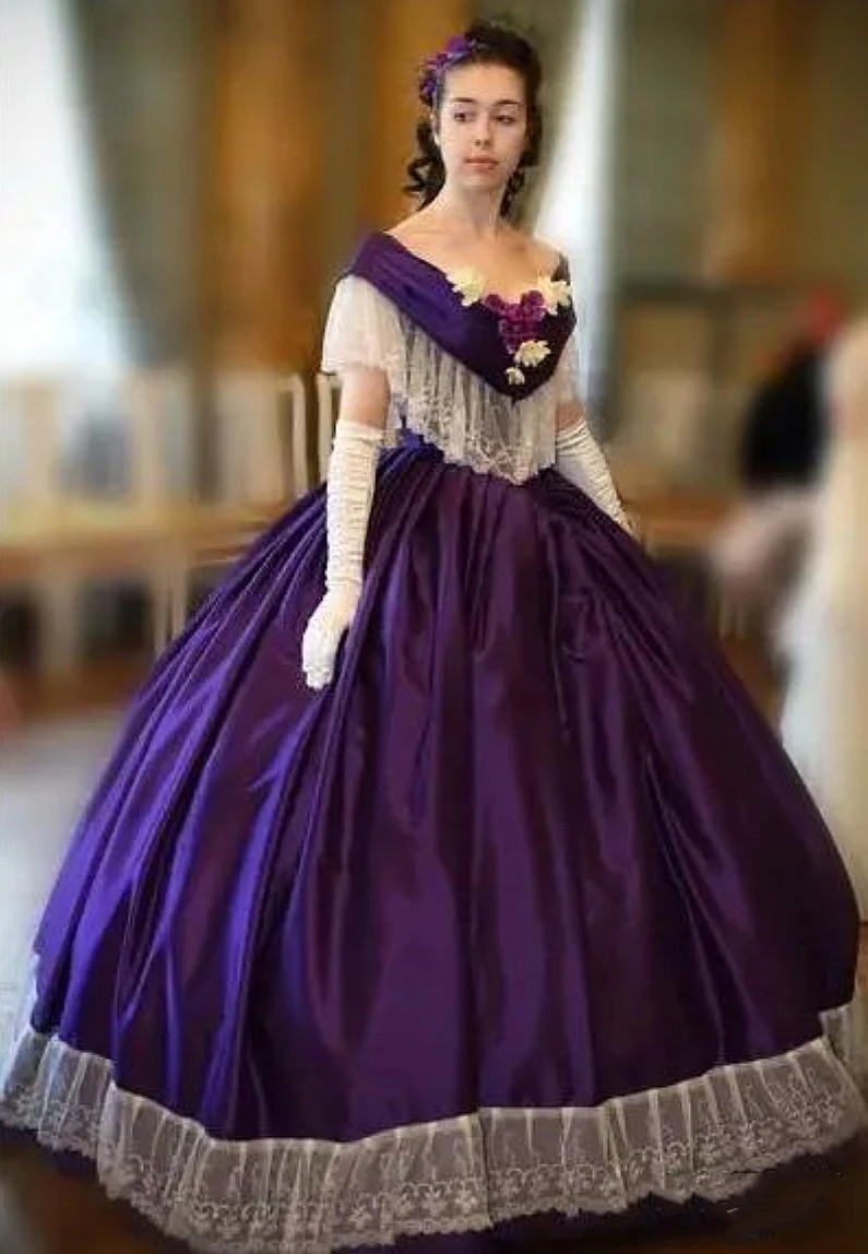 Elegante vestido de fiesta medieval púrpura con hombros descubiertos 2025, mascaradas de la era de la guerra civil, vestido de noche histórico victoriano personalizado