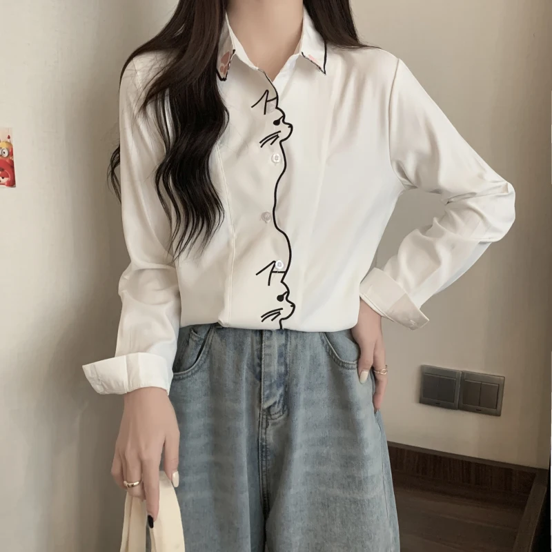 Autumn Office Lady Long Sleeve Embroidery Blouse Elegant Clothes Casual Cat Pattern White Shirt Sweet Women Tops Blusas 7902 50