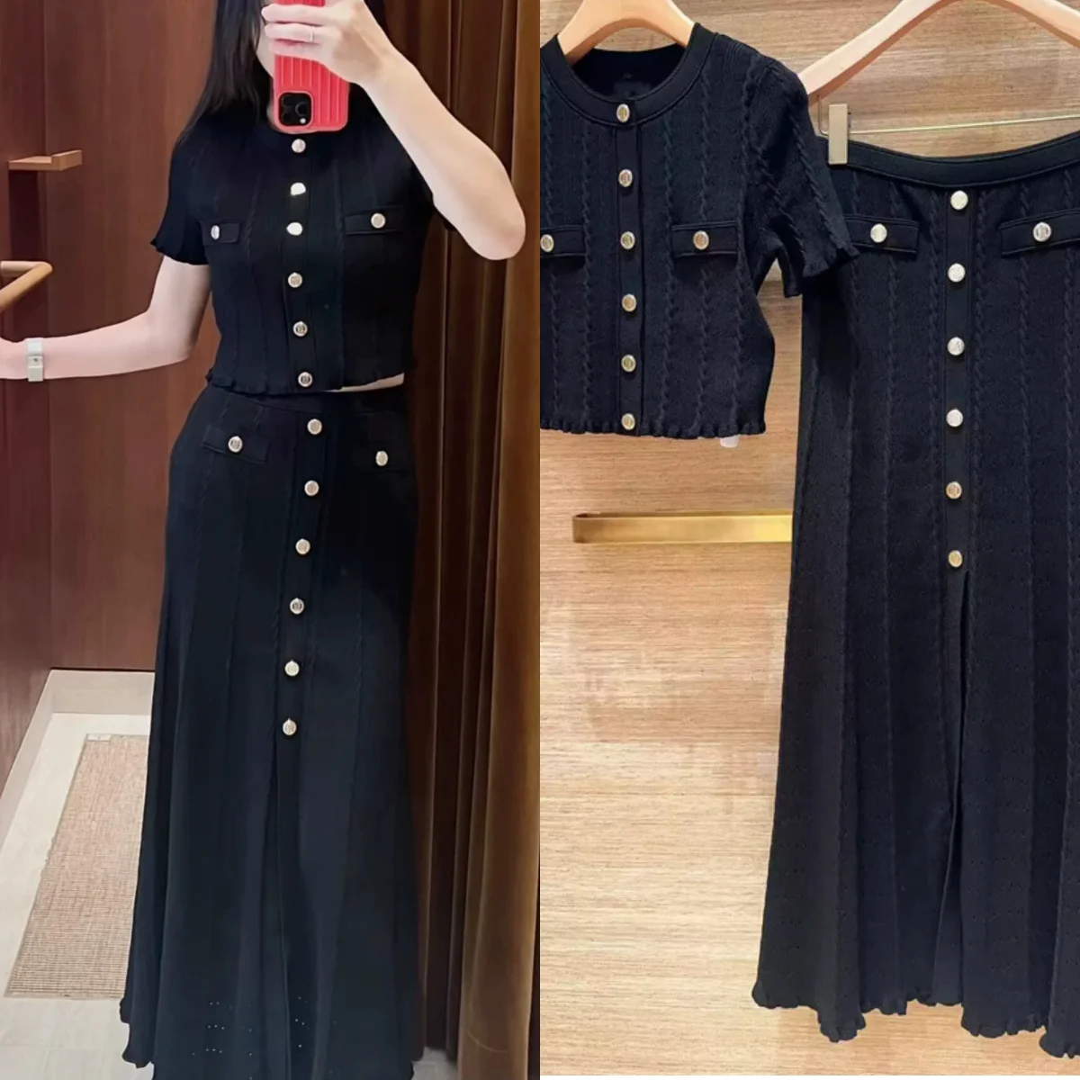 Solid Color Women Slim Fit Elastic Knit Shirt Short Top or Single-Breasted Midi Skirt 2026 New Twist Knitted Sweater