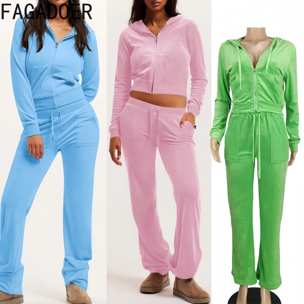 

FAGADOER Casual Suede 2 Pieces Set for Woman Zipper Long Sleeve Drawstring Hooded Top and Pants Outfits Female Streetwear New