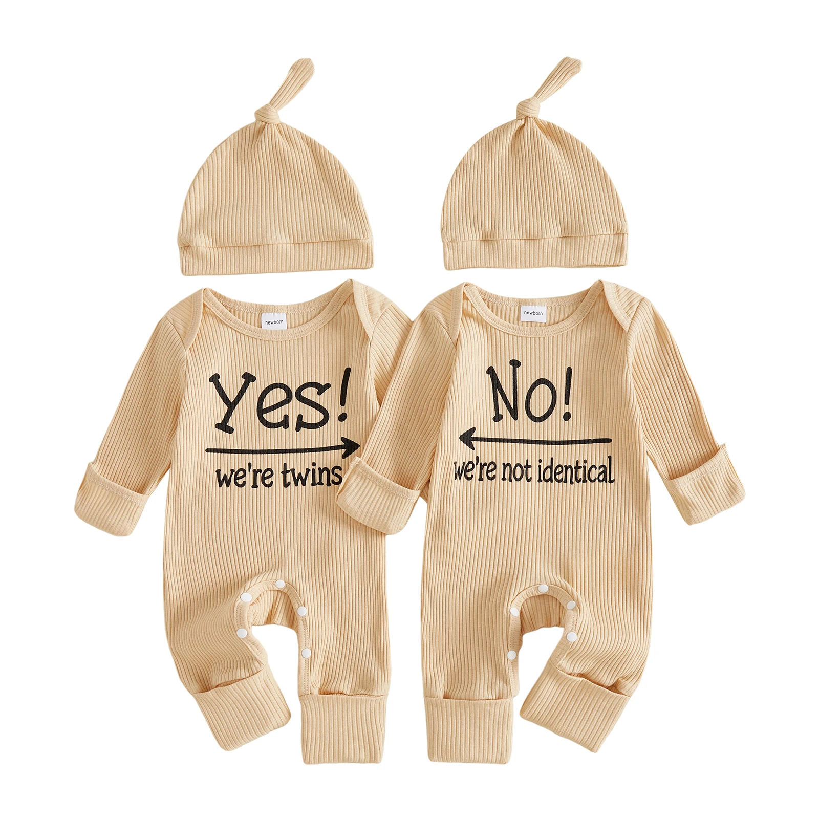 Twin Baby Outfits Letter Print Ribbed Crew Neck Long Sleeve Romper and Hat